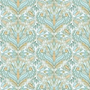 (M) Forest Butterfly Damask Earthy, Magical Leafy Butterflies on Aqua Blue with Peach