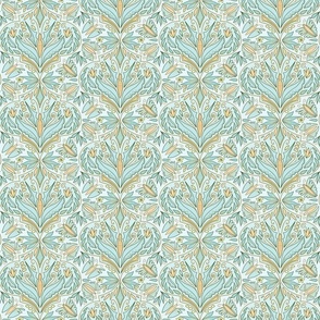 (S) Forest Butterfly Damask Earthy, Magical Leafy Butterflies on Aqua Blue with Peach