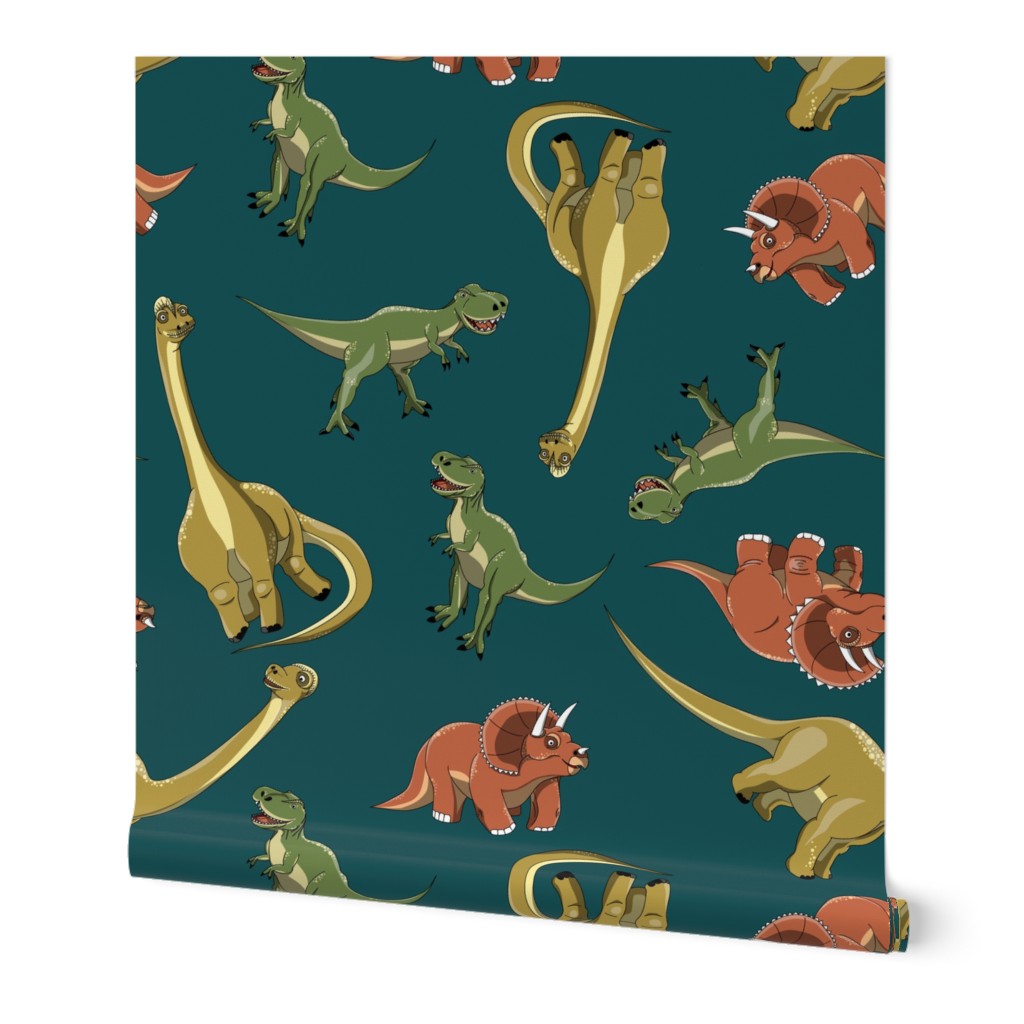 L Dinosaur - Cute Cartoon Dino - Ditsy Dinosaurs - Sage Green T-Rex (Pastel Green) Coral Red Triceratop (Pink Pastel Red) Pastel Yellow Brachiosaurus (Khaki Brown) on Navy Blue (Darl Blue Teal Green) - Pastel colors - Jurassic Park Inspired - M