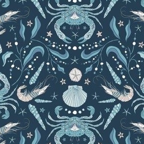 Sometimes It's OK to be Shellfish! Navy Blue Damask with Coastal Crabs and Shrimps (Small/Med)