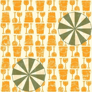 Beach toys and sun umbrellas - warm yellow and green on off white  background - Large