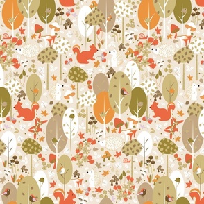 Small / Woodland Wonderland - Creamy Beige - Earth Colors - Wildlife - Forest - Whimsical - Hedgehog - Squirrels - Kids - Porcupine - Outdoors - Earth Tones - Autumn - Fall