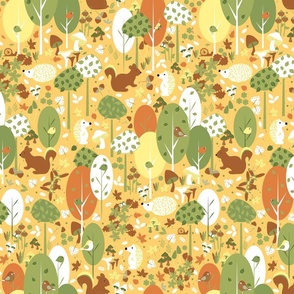 Small / Woodland Wonderland - Yellow - Wildlife - Forest - Bright Colors - Playful - Colorful - Whimsical - Hedgehog - Squirrels - Kids - Porcupine - Outdoors
