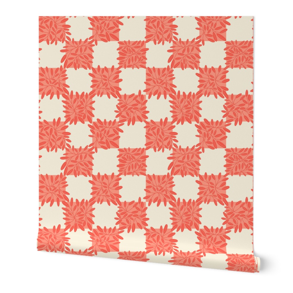 French Country Heritage Checks And Vines - Peachy Pink And Cream - Large - 12x12