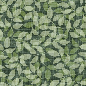 Life size overlapping leafy twigs, textured shades of warm green