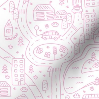 FS Map Small Town with Roads, Cars and Houses Light Pink on White