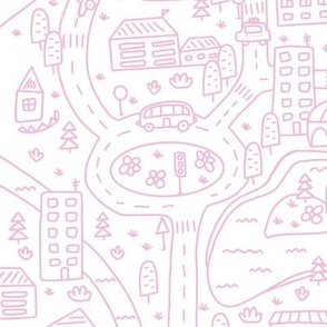 FS Map Small Town with Roads, Cars and Houses Light Pink on White