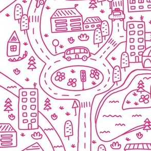 FS Map Small Town with Roads, Cars and Houses Magenta Pink on White