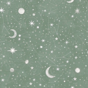 Embroidered Denim - Stitched stars and constellations Sage green jeans L