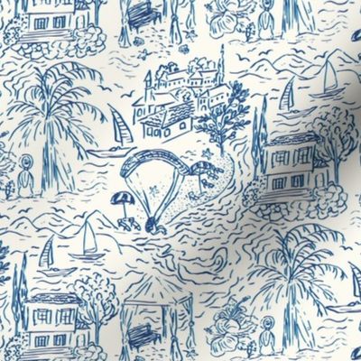Turkish Sea Side Toile de Jouy in Blue and Creme White _ Micro