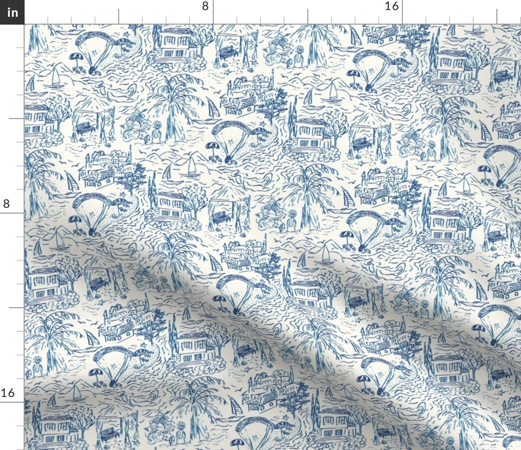 Turkish Sea Side Toile de Jouy in Blue and Creme White _ Micro