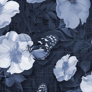 Modern Blue Monochrome Floral, Shades of Blue Garden Roses Design, Painted Botanical Wildflower Garden Blooms, Butterfly on Rose Leaves in Blue Tones, MEDIUM SCALE