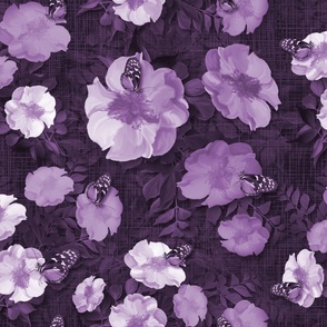 Royal Purple Indigo Blooms, Illustrated Botanical Art, Summer Wildflower Garden Illustration, Wild Rose Trellis Wall Decor, Botanical Butterfly Print, Big Flower Blooms and Butterflies, LARGE SCALE