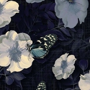 Midnight Navy Blue and Cream Painted Floral Blooms, Lush Dark Butterfly Garden, Blue Botanical Roses Leaves and Flower Pattern, Country Cottagecore Flower Art, MEDIUM SCALE
