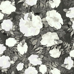 Antique Monochrome Sepia Rose Pattern, Painterly Painted Floral Blooms, Vintage Black Gray Charcoal White Floral Wallpaper or Upholstery Fabric Butterfly Garden, Summer Floral Rose Print, Scattered Floral Blooms, Elegant Painted Renaissance Botanic Flower