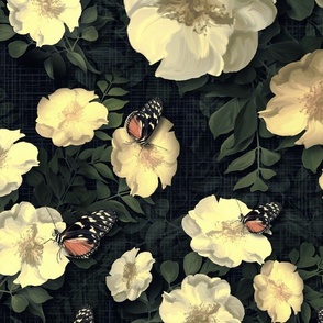 Vintage Botanical Floral Illustration, Creamy Cornsilk Antique Roses Summer Flower Decor, Wildflower Butterfly Garden, Dark Green Leafy Foliage, Painterly Botanic Art Butterflies Fabric, LARGE SCALE