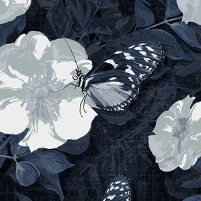Wild Midnight Blue Renaissance Flower Butterfly Garden, Modern Blue Ink Monochrome Floral Vine, Summer Rose Flower Tablecloth, Feature Interior Wall Decor, LARGE SCALE