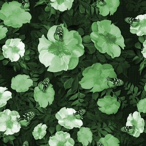 Country Cottage Painted Roses, Emerald Green Cottagecore Floral Rose Pattern, Lush Dark Emerald Green Leaves, Vibrant Green Monochrome Butterfly Garden, Summer Flowers, Bohemian Floral, Vivid Moody Vibrant Botanical Language of Flowers, Painted Flowers