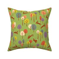 Colorful Easter Bunny Woodland Scene for Wallpaper and Fabric | Spring Pastels with Violet, Pink, Blue, Cream on Celadon Green Background | Fun Large Scale Repeat (also available in small scale)
