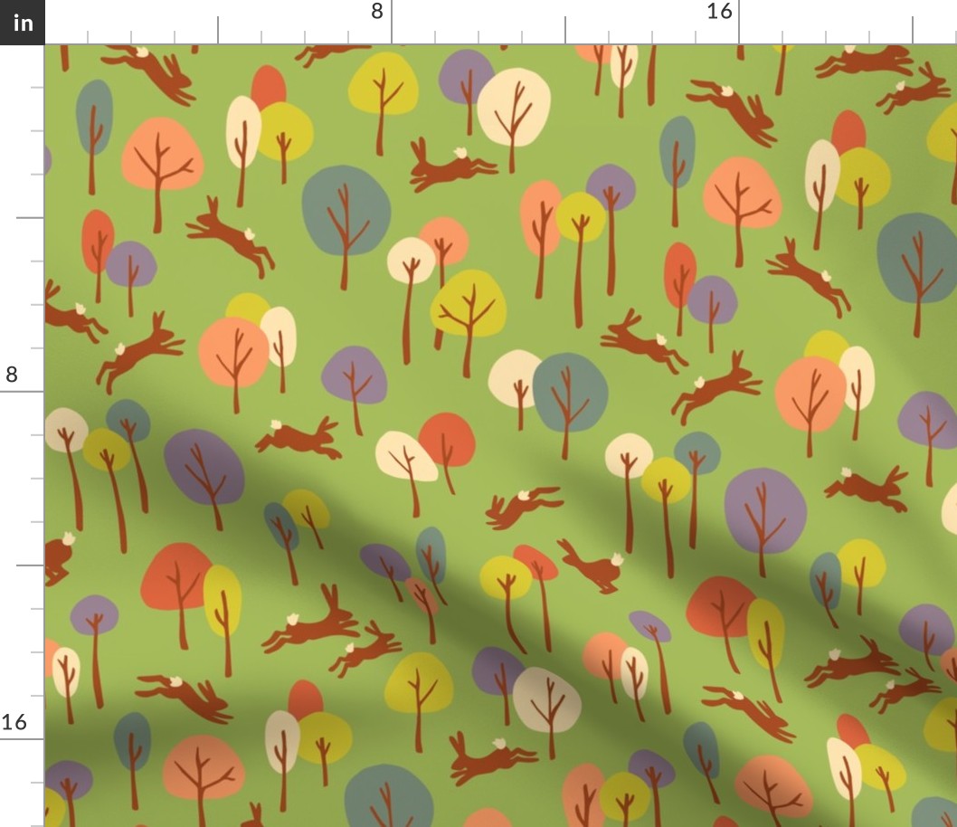 Colorful Easter Bunny Woodland Scene for Wallpaper and Fabric | Spring Pastels with Violet, Pink, Blue, Cream on Celadon Green Background | Fun Large Scale Repeat (also available in small scale)