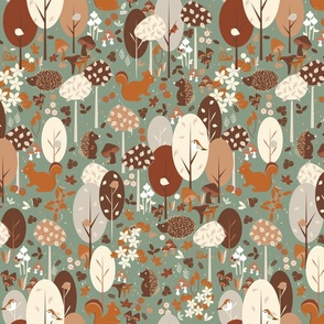 Small / Retro Woodland Wonderland - Earth Tones - Earth Colors - Wildlife - Forest - Whimsical - Hedgehog - Squirrels - Kids - Porcupine - Outdoors