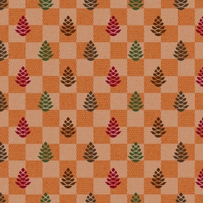 pinecones on checkered burlap