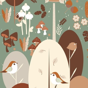 Large / Retro Woodland Wonderland - Earth Tones - Earth Colors - Wildlife - Forest - Whimsical - Hedgehog - Squirrels - Kids - Porcupine - Outdoors