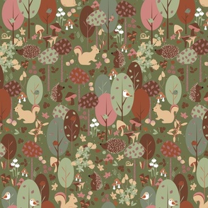 Small / Woodland Wonderland - Olive Khaki Green - Retro - Earth Tones - Earth Colors - Wildlife - Forest - Whimsical - Hedgehog - Squirrels - Kids - Porcupine - Outdoors
