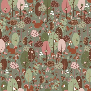 Small / Woodland Wonderland - Earthy Olive Green - Earth Tones - Earth Colors - Wildlife - Forest - Whimsical - Hedgehog - Squirrels - Kids - Porcupine - Outdoors