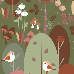 Large / Woodland Wonderland - Olive Khaki Green - Retro - Earth Tones - Earth Colors - Wildlife - Forest - Whimsical - Hedgehog - Squirrels - Kids - Porcupine - Outdoors