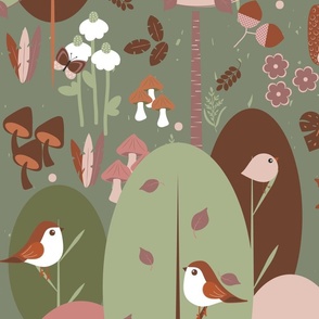 Large / Woodland Wonderland - Earthy Olive Green - Earth Tones - Earth Colors - Wildlife - Forest - Whimsical - Hedgehog - Squirrels - Kids - Porcupine - Outdoors