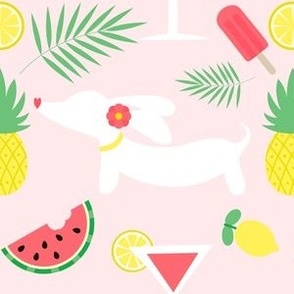 Dachshund-themed Summer Pattern Tutti Fruity on pale Pink