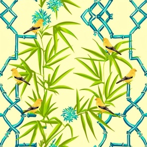 Bamboo lattice and birds chinoiserie in yellow and blue