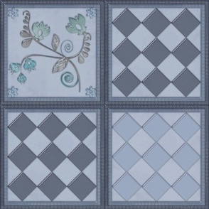 gray glass tiles with floral and geometric decor