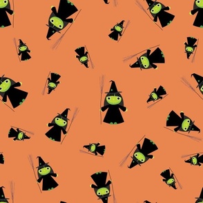 Midi – Cute Green Halloween Witches & Broomsticks – Tossed Blender – Lime Green, Burnt Orange & Black