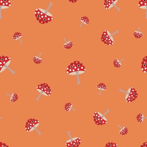Midi – Cute Red & White Spotted Halloween Mushrooms & Toadstools – Tossed Blender – Scarlet, Ivory & Burnt Orange