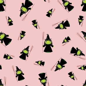 Midi – Cute Green Halloween Witches & Broomsticks – Tossed Blender – Lime Green, Baby Pink & Black