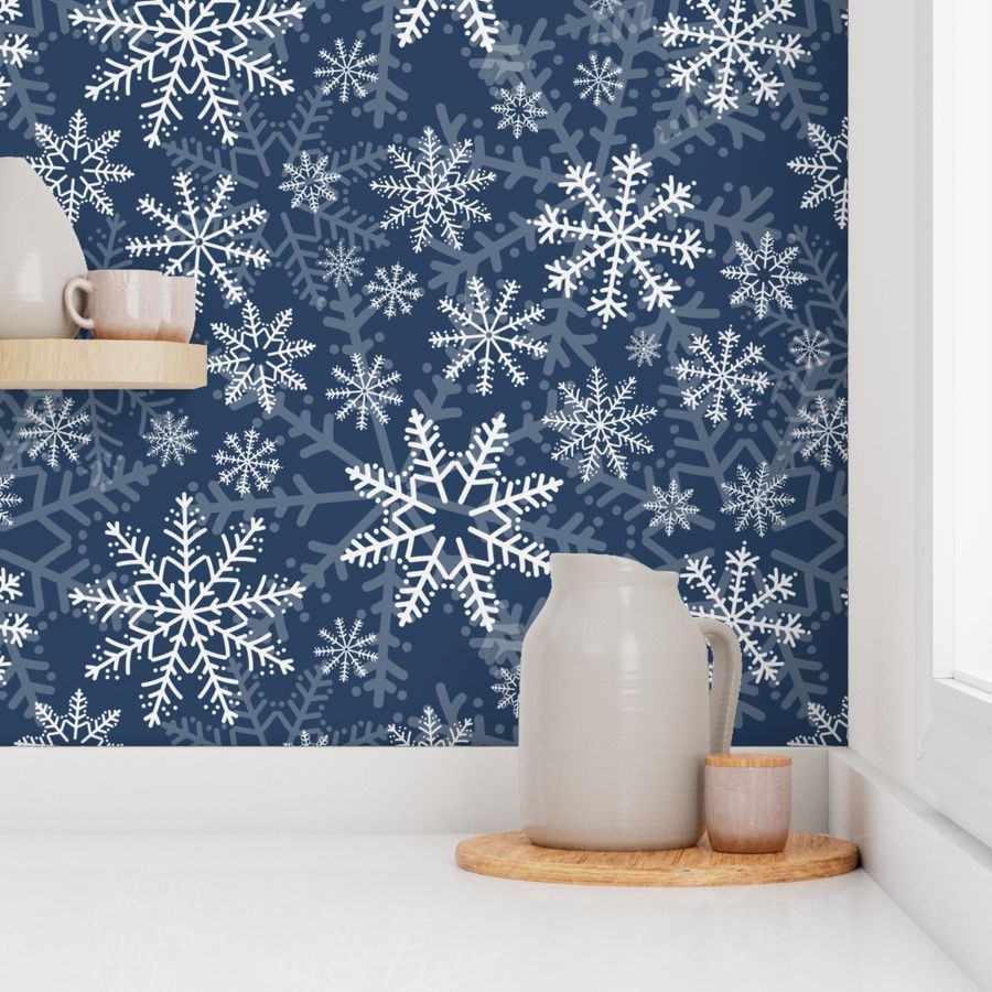 Jumbo - Modern & Stylised Layered Christmas Festive Snowflakes - Midnight Navy Blue & Winter White