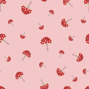 Midi – Cute Red & White Spotted Halloween Mushrooms & Toadstools – Tossed Blender – Scarlet, Ivory & Baby Pink