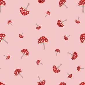 Mini – Cute Red & White Spotted Halloween Mushrooms & Toadstools – Tossed Blender – Scarlet, Ivory & Baby Pink