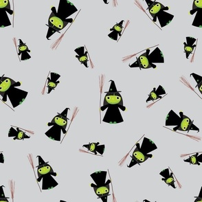 Midi – Cute Green Halloween Witches & Broomsticks – Tossed Blender – Lime Green, Silver Gray & Black