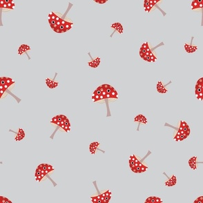 Midi – Cute Red & White Spotted Halloween Mushrooms & Toadstools – Tossed Blender – Scarlet, Ivory & Silver Gray