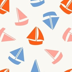 7.3x8 Summer sail boats pink, vermilion red, blue on warm white