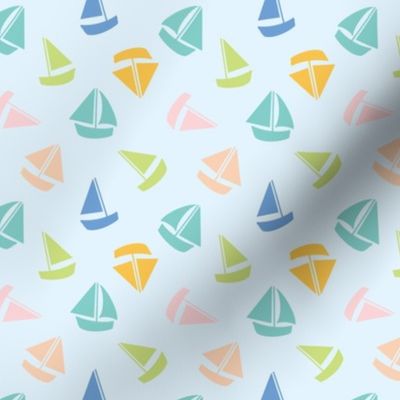 3.5x3.8 Small Colourful summer sailboats on light blue 