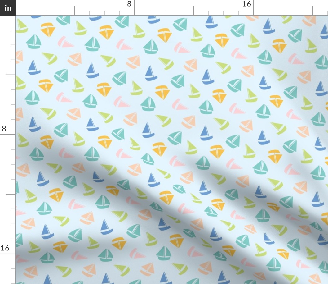 3.5x3.8 Small Colourful summer sailboats on light blue 