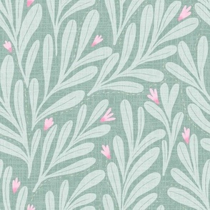 (M) Glamour Floral Leaves -Botanical-Minimalist-Retro-Textured-Sage Green-Pink