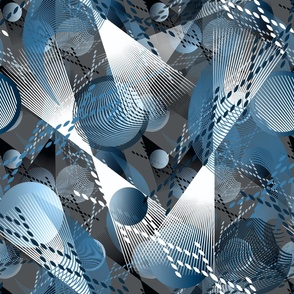 Gray, blue, white abstract pattern with randomly arranged circles and lines.