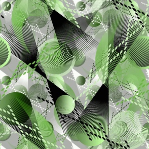 Gray,green, white abstract pattern with randomly arranged circles and lines.