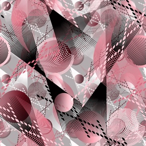 Gray, pink, white abstract pattern with randomly arranged circles and lines.
