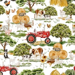 Medium - Captivating Watercolor: Rustic Farm Life Depicted Through Hand-Painted Animals, Barns, and Tractors on white 